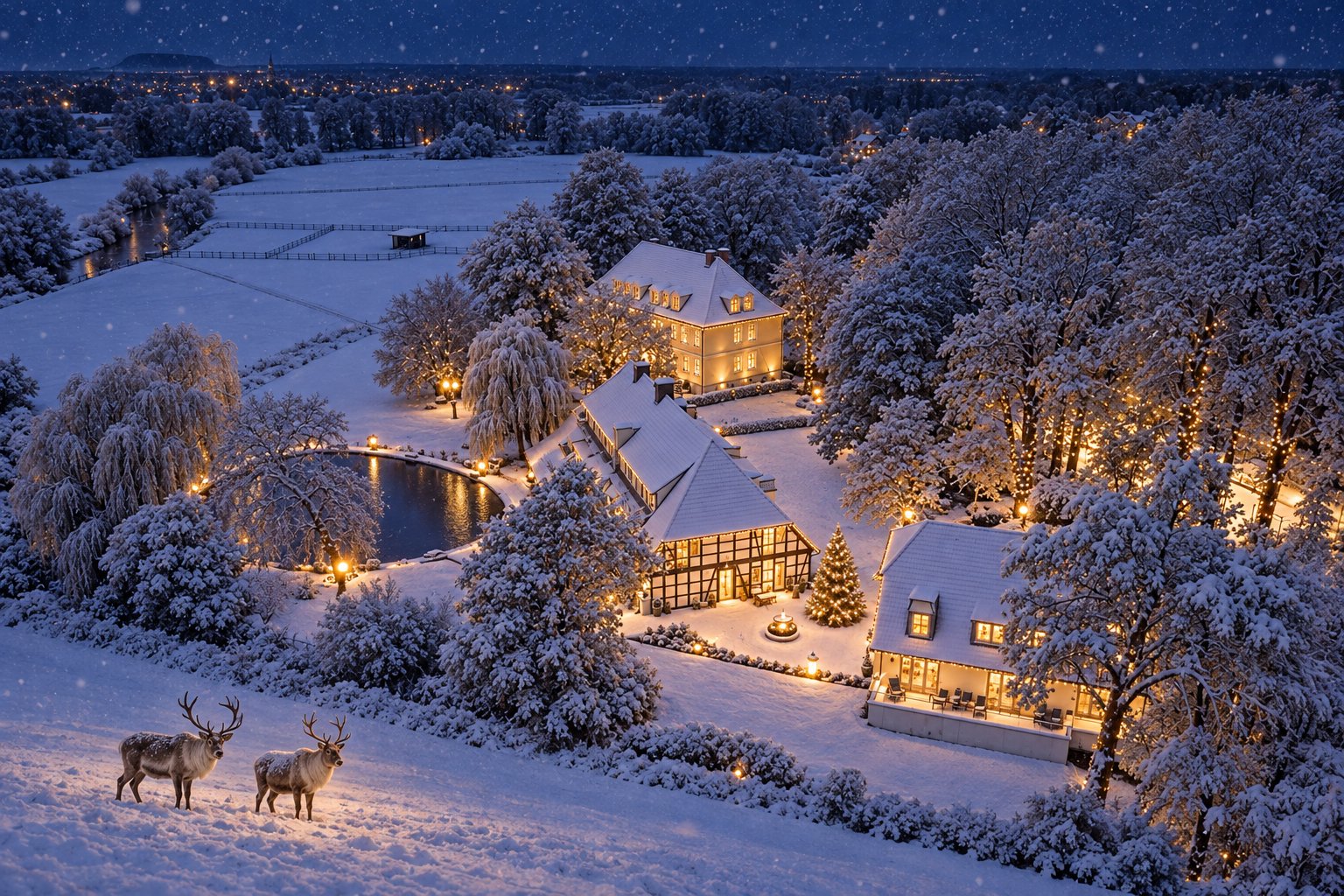 Bildmontage: die Schlossresidenz im verschneiten Park bei Nacht, beleuchtete Fenster, ein Weihnachtsbaum im Hof, zwei Rentiere auf der Wiese