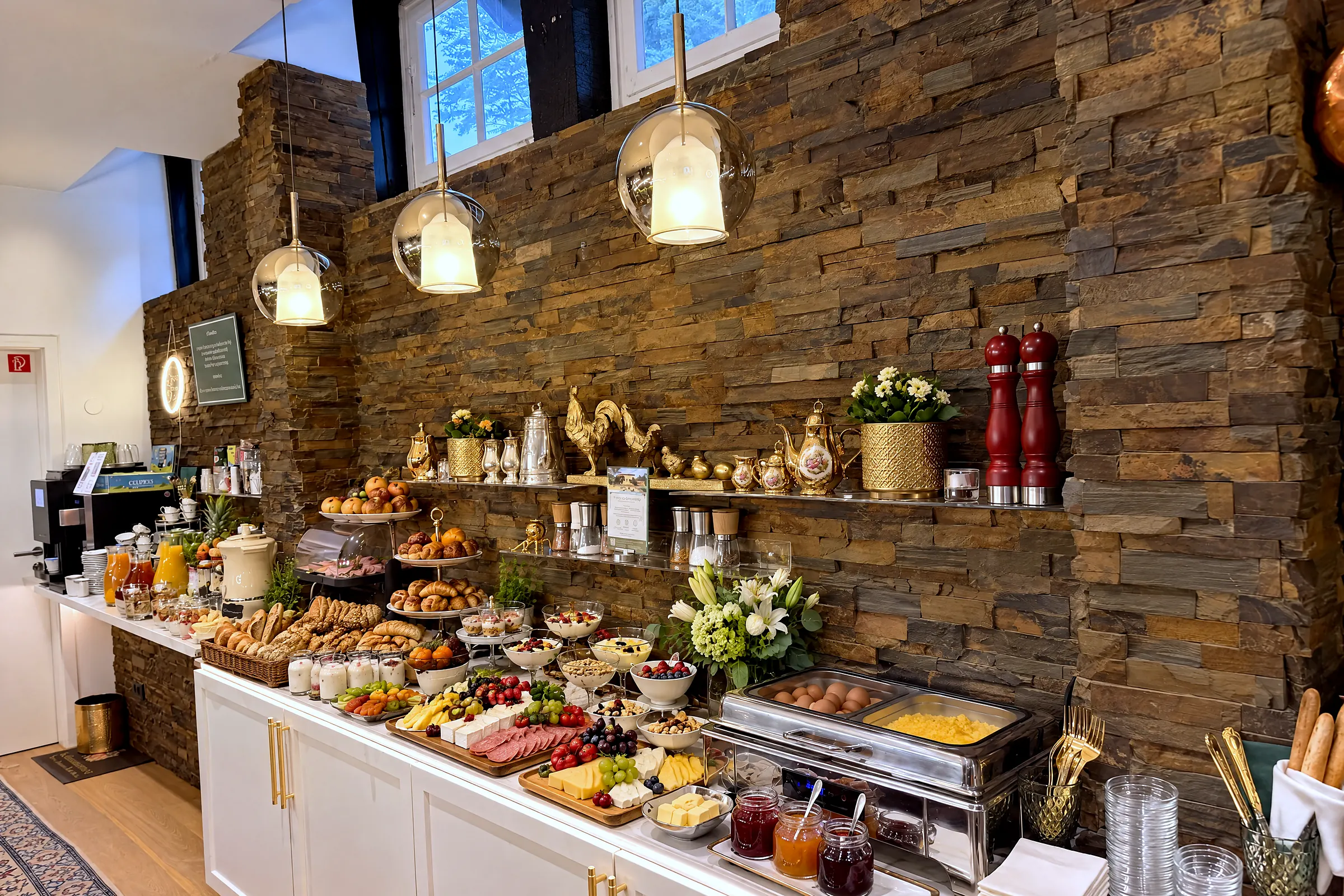 Het ontbijtbuffet langs de natuurstenen wand, brood, fruit en gebak op de toonbank