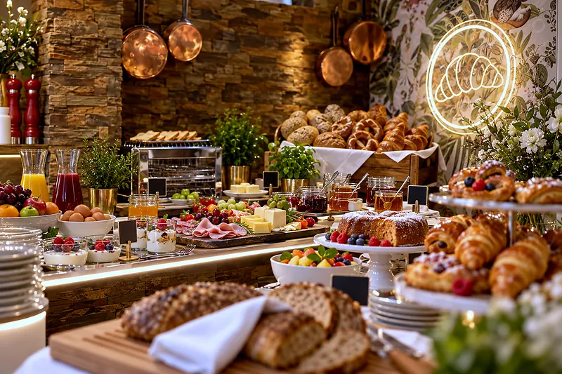 Brotkörbe und Gebäck am Frühstücksbuffet