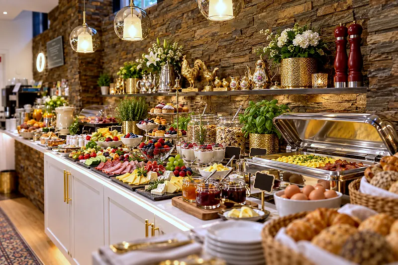 Aufschnitt, Obst und warme Speisen am Buffet