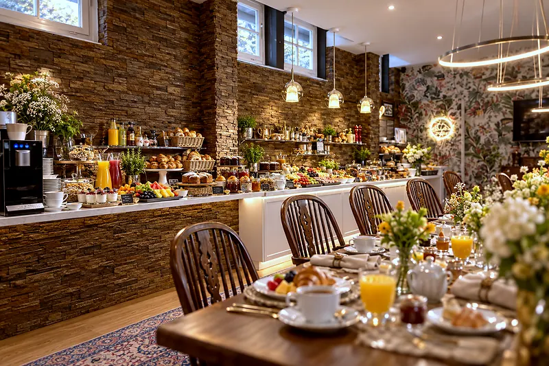 Das Buffet und die gedeckten Tische davor