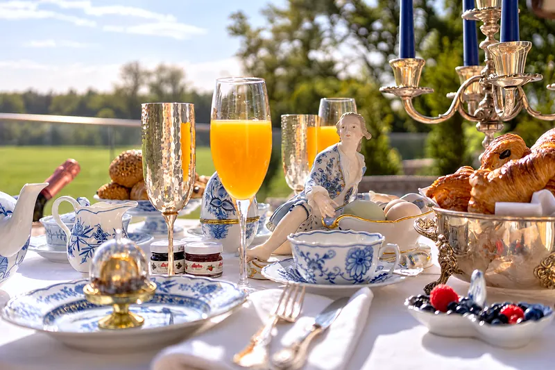 Ein gedeckter Frühstückstisch auf der Terrasse mit Sekt, Croissants und blauweißem Porzellan