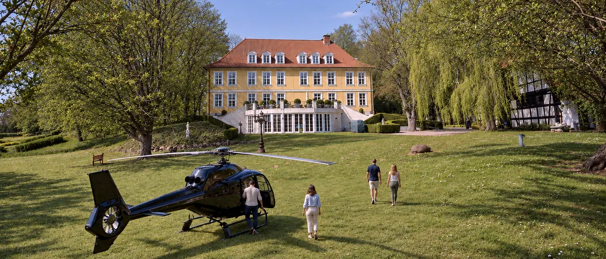 Bildmontage: gelandeter Hubschrauber auf der Wiese im Park, Gäste gehen zum gelben Haupthaus mit Terrasse, rechts die Weiden am Badeteich