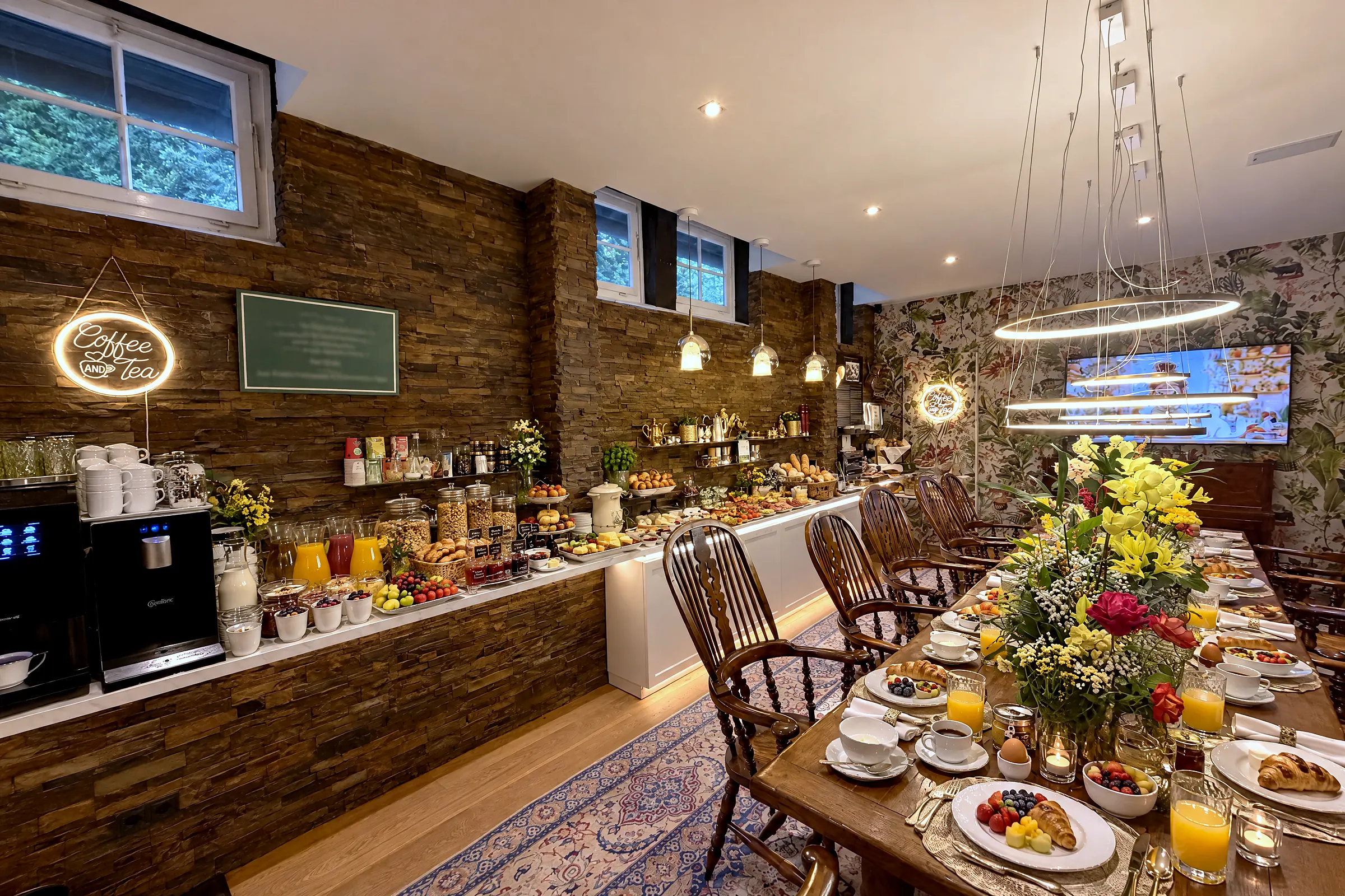 De lange ontbijttafel met bloemen en kaarsen, links de piano